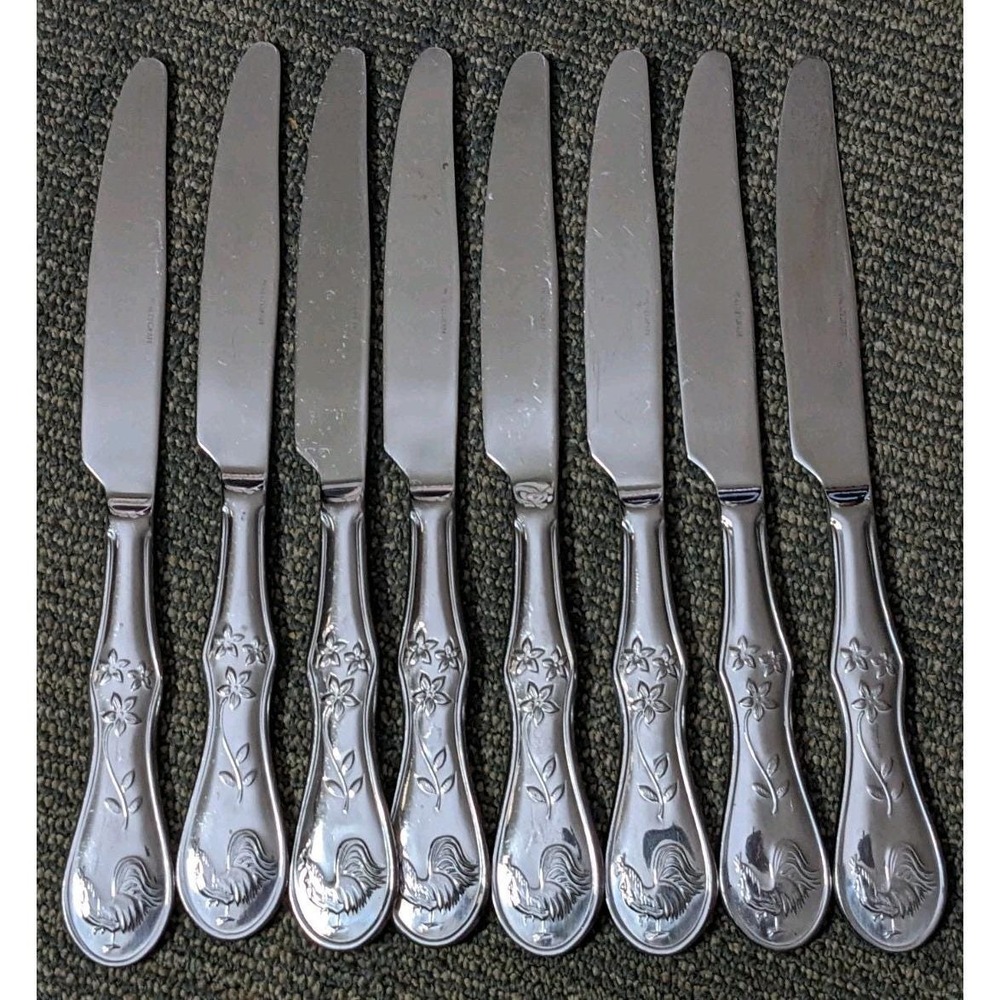 8 Pfaltzgraff DAYBREAK Dinner Knives Glossy Stainless Flatware 9 1/2" Rooster